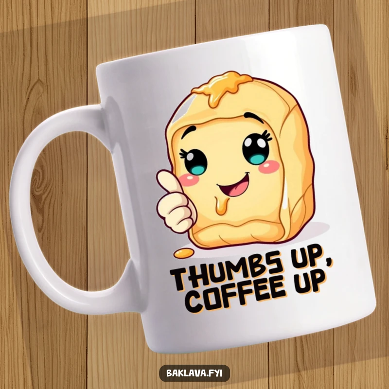 Funny cheerful baklava mug giving a thumbs up with a happy, syrupy smile, radiating positive vibes.