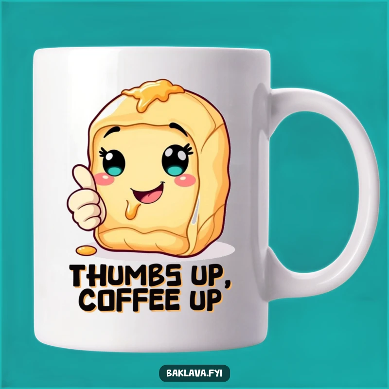 Funny Thumbs Up Baklava Mug: Cheerful Syrup Smile, Perfect Funny Gift for Positivity