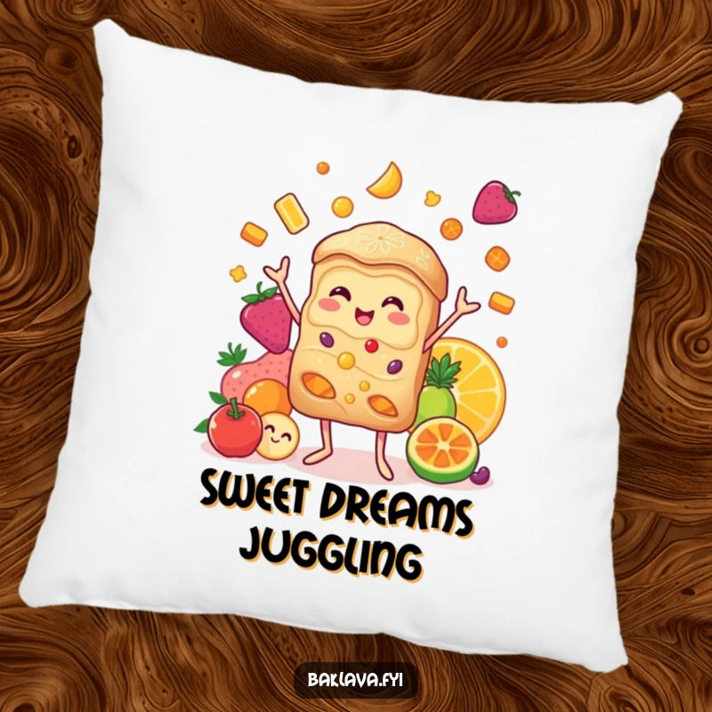 Funny baklava pillow featuring a cheerful baklava character juggling a delightful assortment of candied fruits, perfect for adding charm.