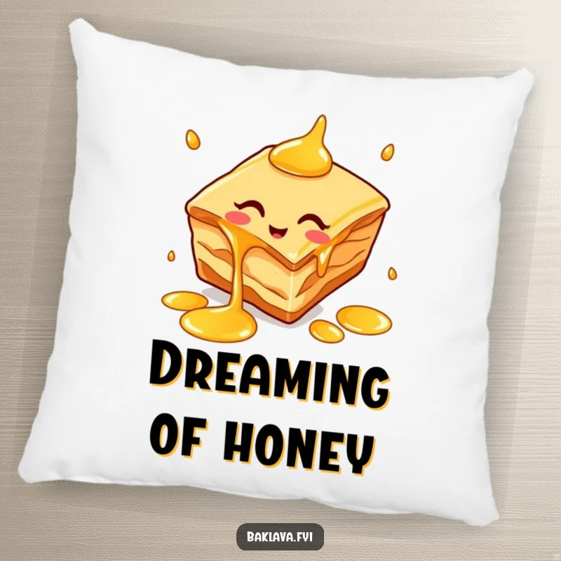 Funny baklava slice pillow with a cheerful dessert juggling honey drips, providing comfort and a sweet, humorous touch.