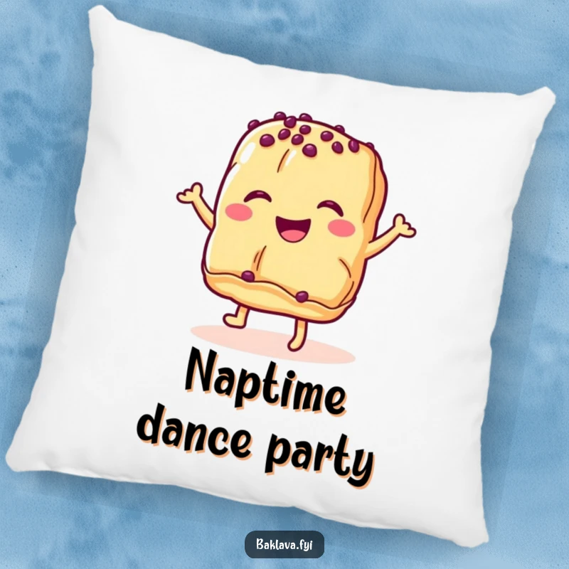 Funny baklava pastry pillow with a happy dancing dessert, providing comfort and a touch of sweetness to any room.