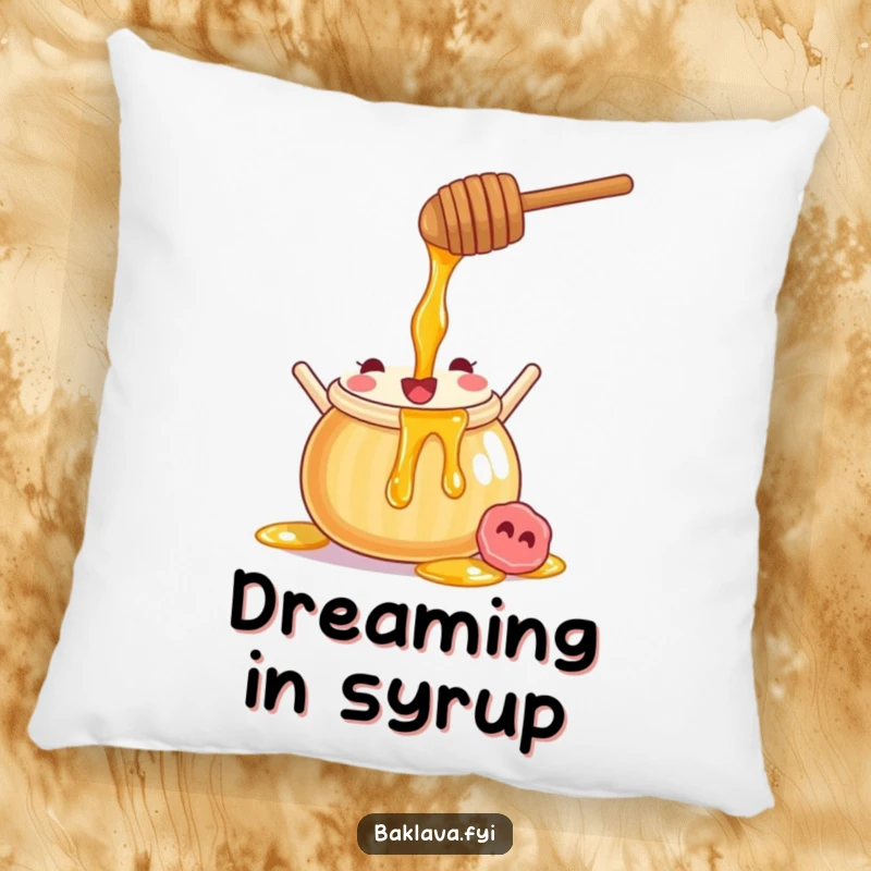 Funny honey pot pillow with a joyful character pouring sweet syrup, offering comfort and a sweet touch.