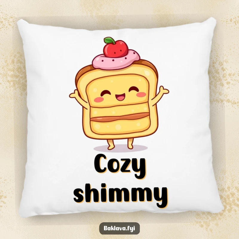 Funny happy, layered pastry doing a little shimmy, on a plush pillow, offering cozy and celebratory baked good comfort.
