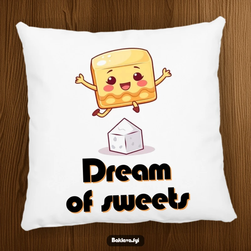 Funny baklava pillow featuring a playful square character jumping over a tiny sugar crystal, offering soft, humorous comfort.