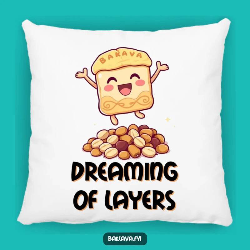 Funny Baklava Pillow: Comfy Pastry Character Leaping for Cozy Humor