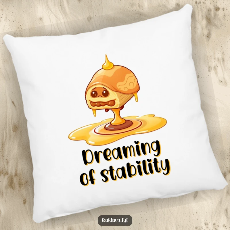 Funny wobbly baklava pillow, soft cushion with baklava balancing on honey drizzle, expressing cozy humor.
