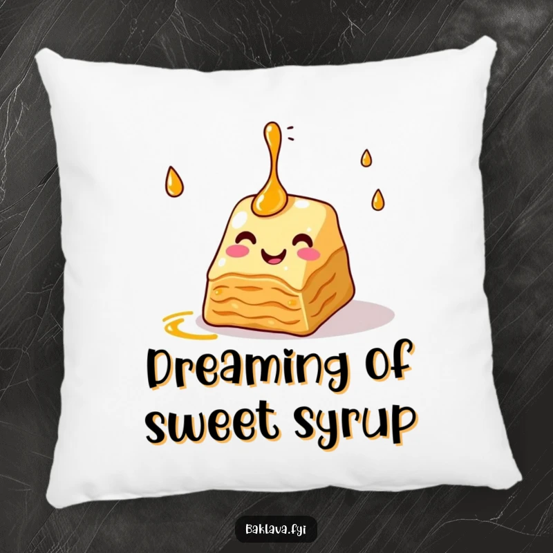 Funny baklava pillow featuring a slice juggling syrup, offering a soft touch of humor and sweet decoration, perfect for couches, beds, or reading nooks.