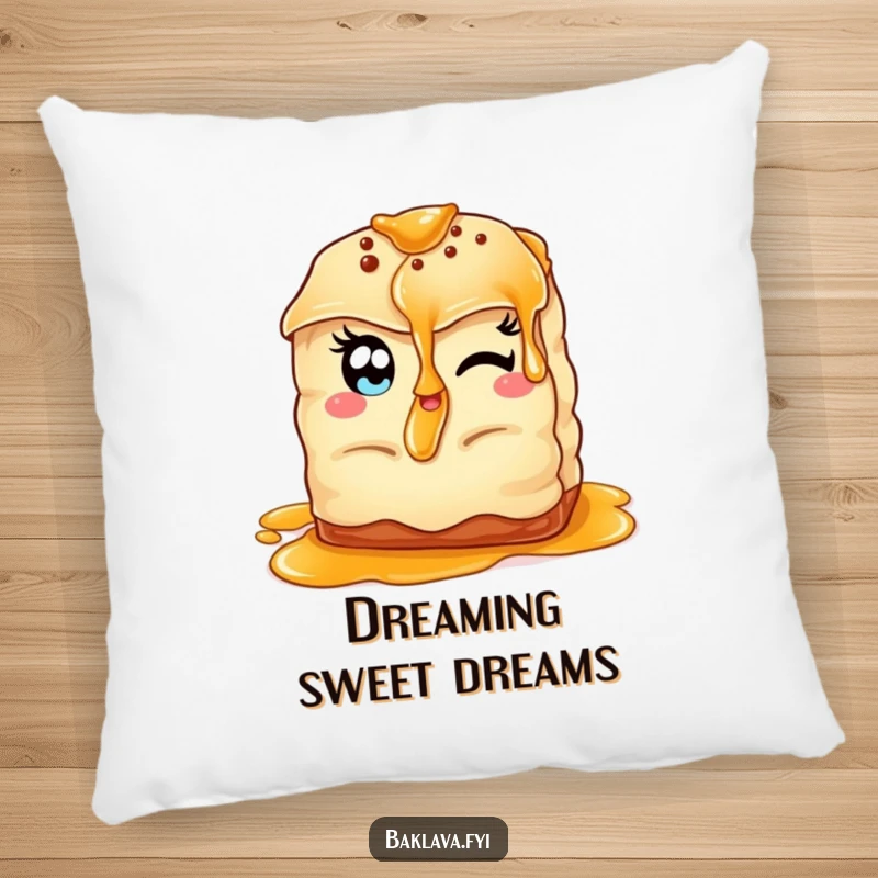 Funny winking baklava pillow featuring a baklava with almond eyes, offering syrup, perfect for cozy relaxation.