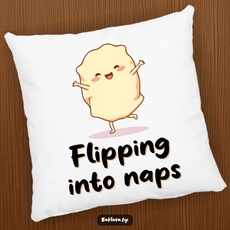 Funny phyllo dough pillow with a cheerful sheet doing a cartwheel, offering a comfortable and humorous touch to any couch or bed.