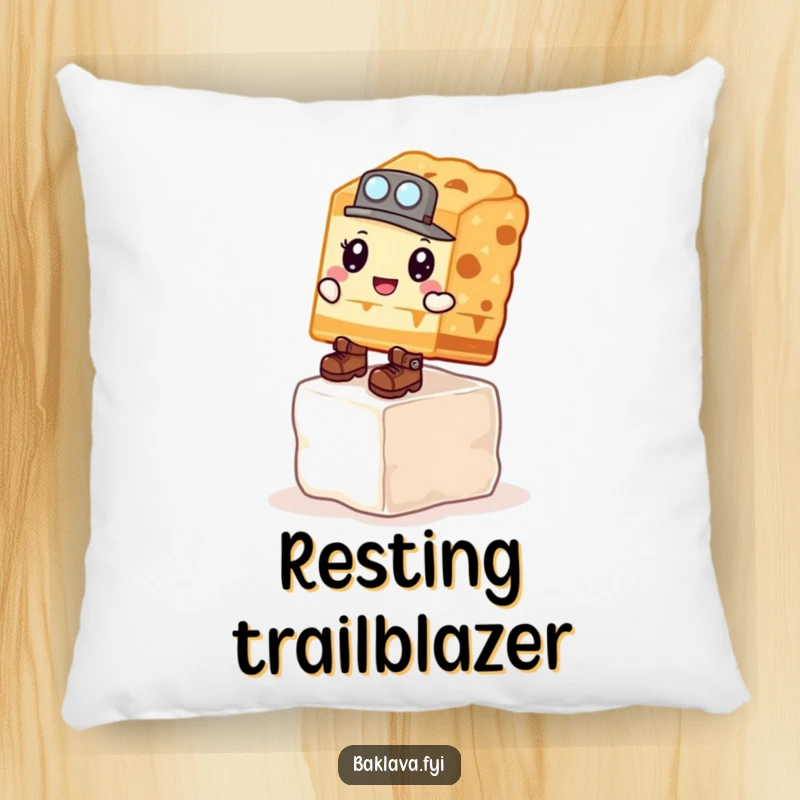 Funny Pillow: A baklava slice with explorer boots climbs a sugar cube, a funny and cozy decorative accent.