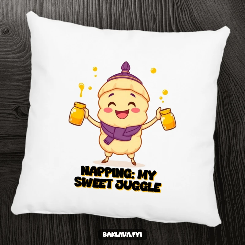 Funny pillow: a delighted baklava character juggles honey jars, offering comfort and smiles.