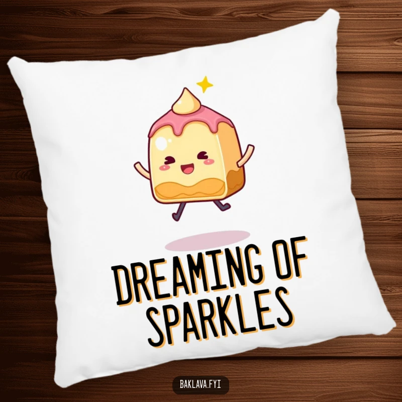Funny Baklava Pillow featuring a whimsical, sparkly slice doing a joyful jump, a soft and sweet accent.