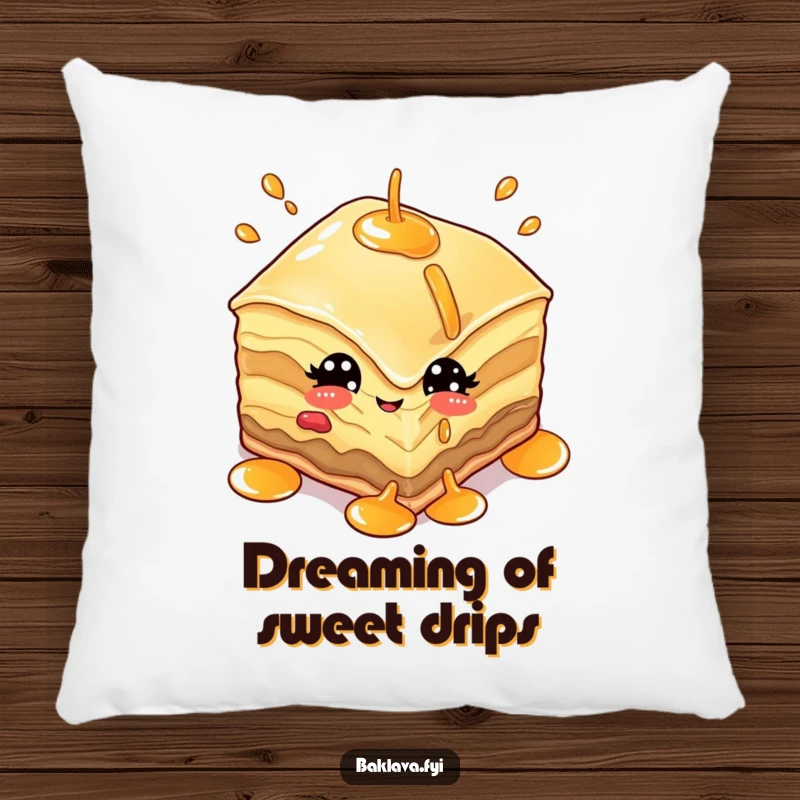 Funny baklava pillow showcasing a winking character juggling syrup, adding a cozy touch of dessert-themed fun.