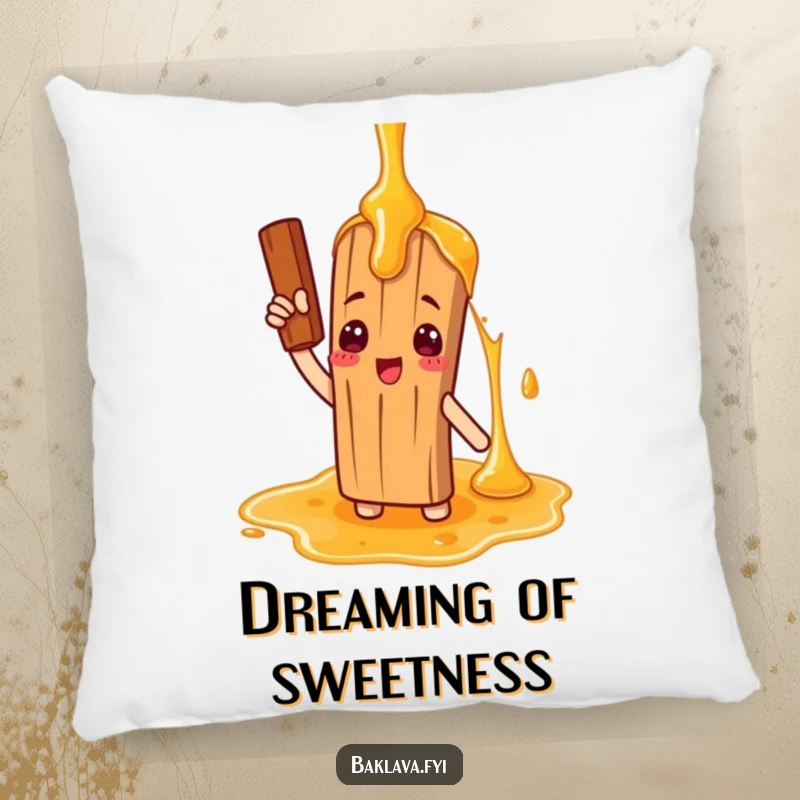 Funny pillow featuring a cinnamon stick character giving a comical salute to a giant honey drizzle, providing comfort and sweet-themed amusement.