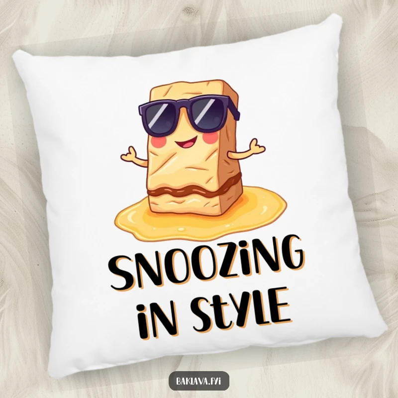Funny Pillow: A baklava slice in sunglasses poses on syrup, a funny and cozy decorative accent.
