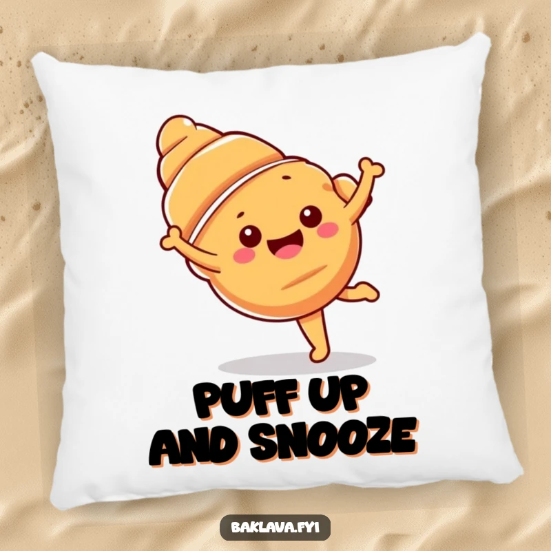 Funny croissant pillow featuring a happy croissant doing a cartwheel, designed for ultimate comfort.