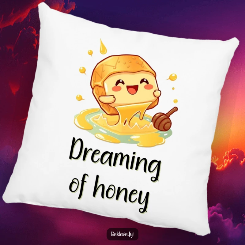 Funny giggling baklava piece doing a cannonball into a honey pool, a soft pillow for humorous comfort.