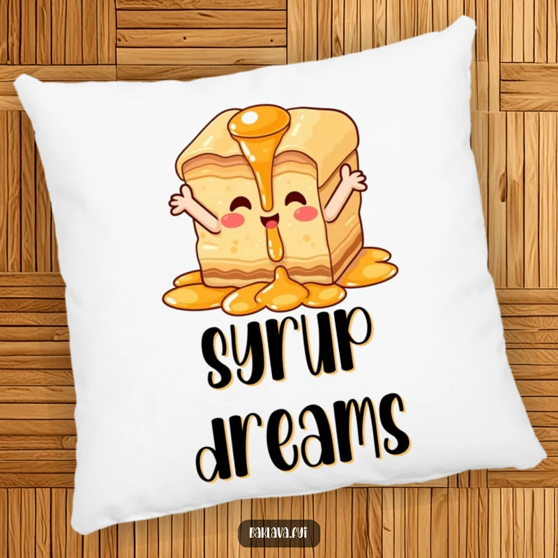 Funny happy baklava pillow, soft cushion with baklava piece enjoying syrup waterfall, expressing cozy sweetness.