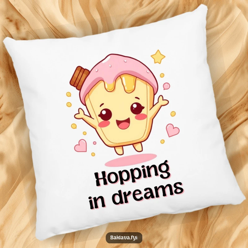 Funny honey pastry character hopping with excitement, a soft and funny pillow.