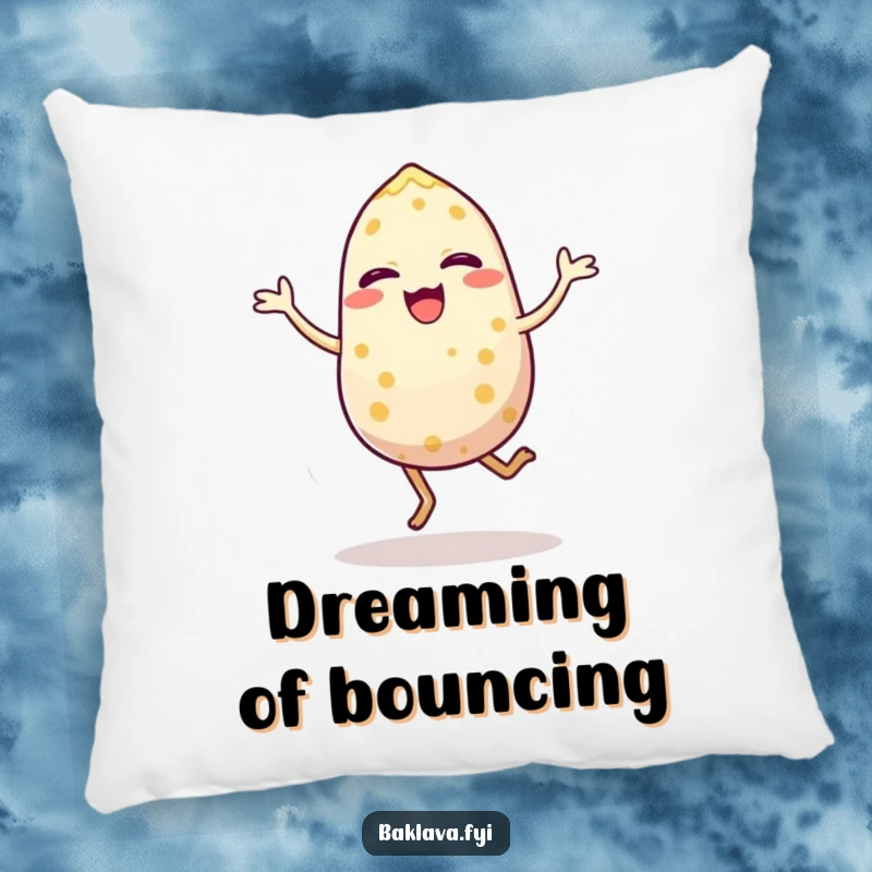 Funny pillow featuring a cheerful sesame seed in a lively, energetic hop, offering comfort and a dose of humor. Soft decorative accent.