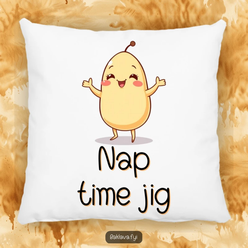 Funny jolly sesame seed doing a tiny jig on a decorative pillow, offering comfort and humorous charm.