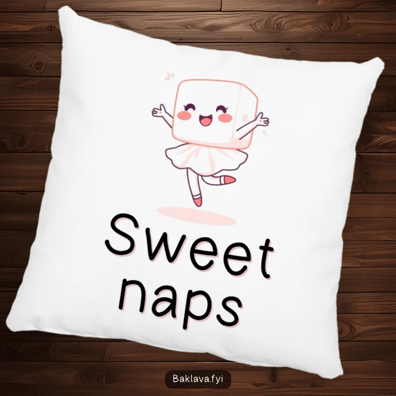 Funny sugar cube pillow with a delighted cube performing a ballet pirouette, offering a comfortable and humorous touch to any couch or bed.