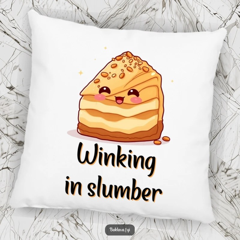 Funny baklava slice winking with nuts, a soft and funny pillow.