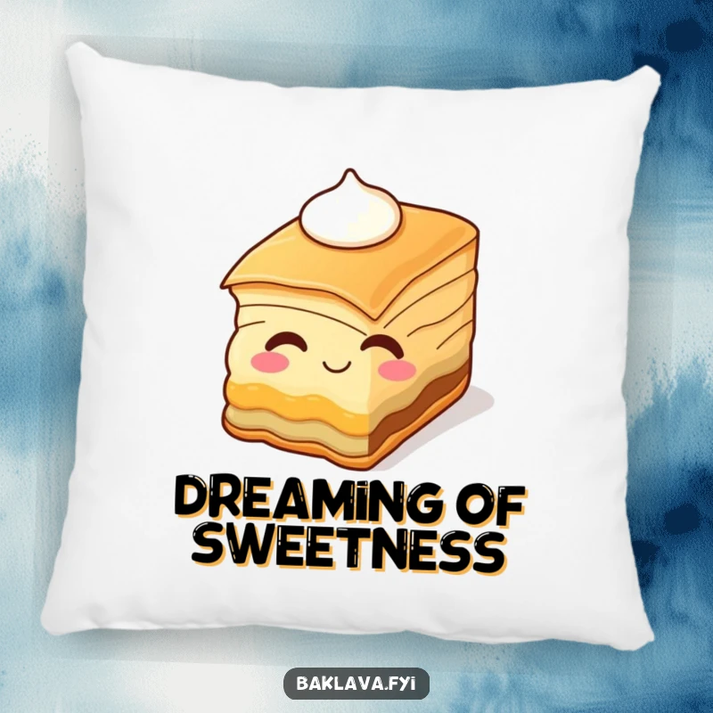 Funny baklava slice winking with cream, printed on a soft, decorative pillow. A humorous and sweet accent.