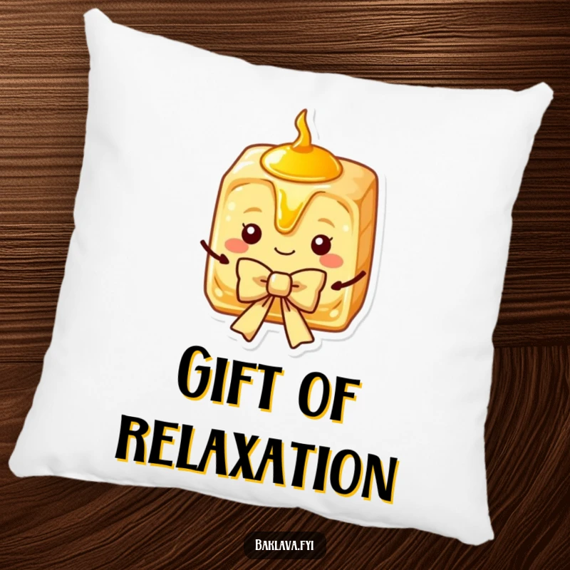 Funny Baklava Pillow featuring a charming slice with golden syrup, presenting a bow, a soft and sweet accent.