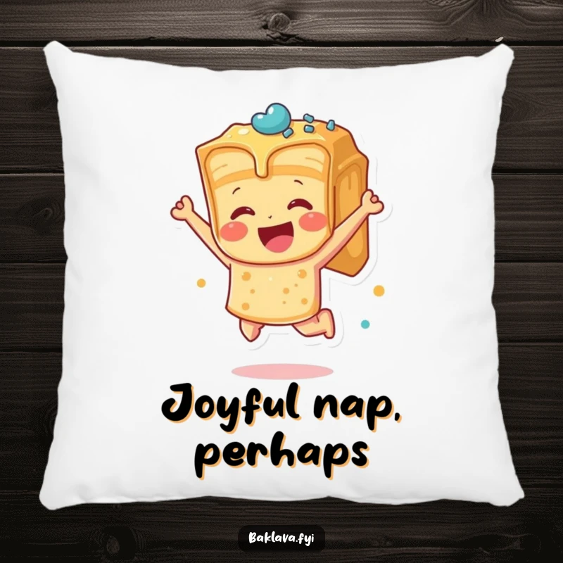 Funny baklava piece leaping with joy on a plush pillow, offering comfort and pure, dessert-themed humorous ecstasy.