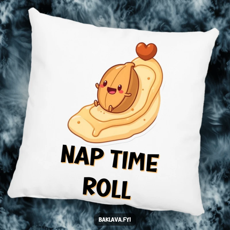 Funny pillow featuring a nut character rolling down a flaky pastry hill, offering comfort and a sweet, humorous visual.