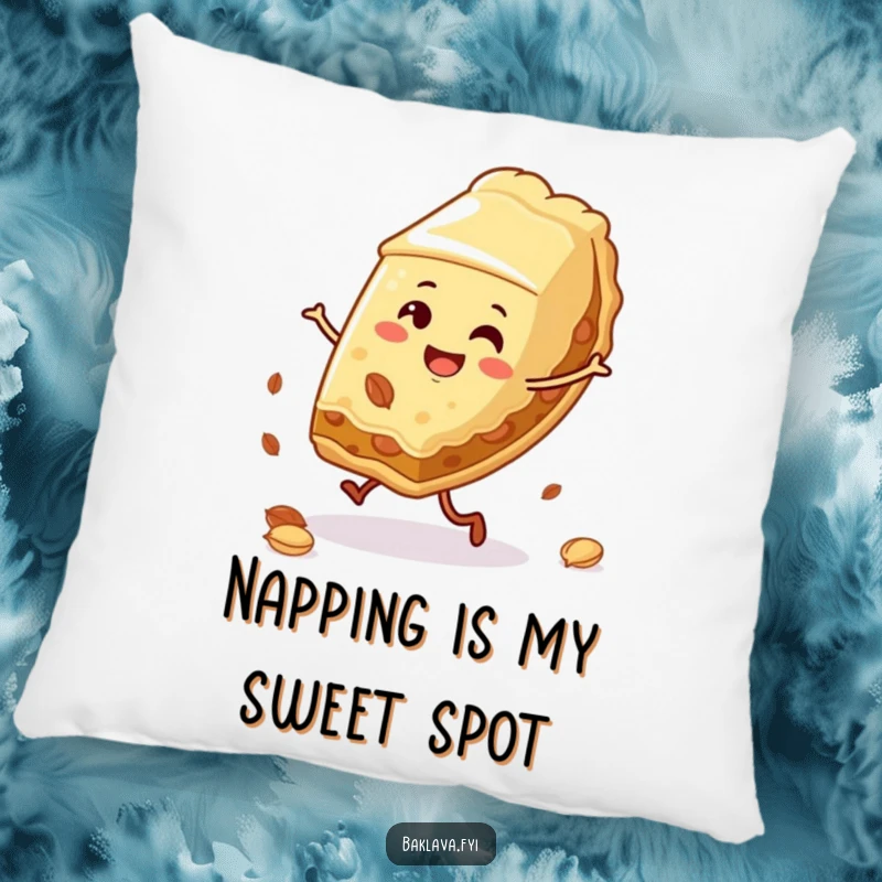 Funny baklava slice pillow doing a cartwheel with nuts, a soft and humorous decorative item for dessert lovers.