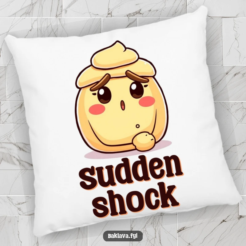 Funny surprised pastry with raised crust eyebrows, reacting to a falling crumb, on a plush pillow, offering cozy and humorous baked good comfort.