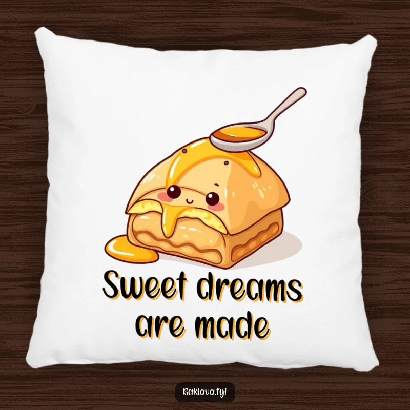 Funny pillow featuring a curious baklava character tasting honey with a spoon. Soft, comfortable, and humorous decor.