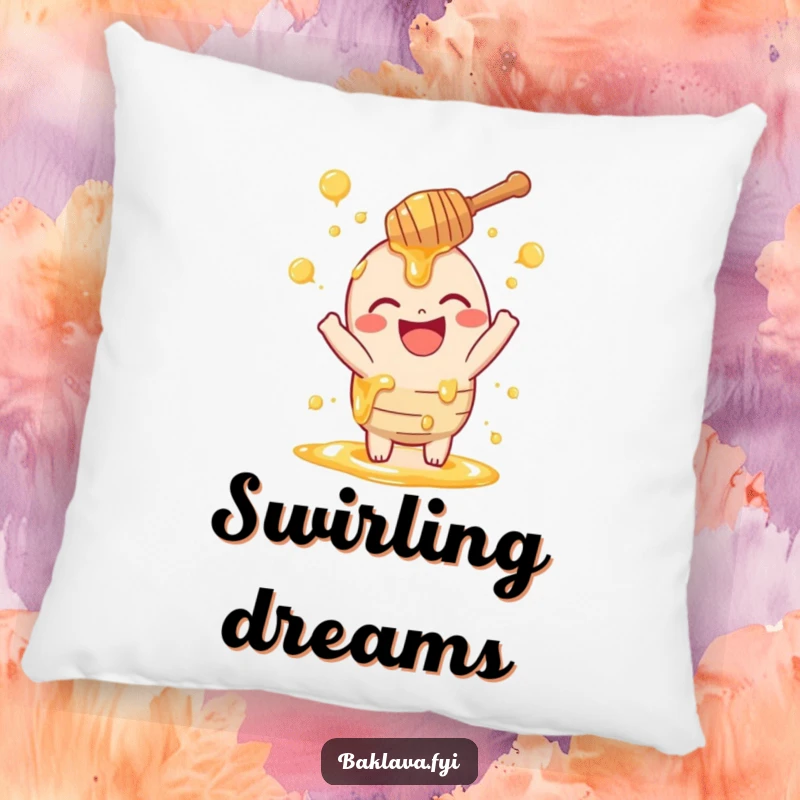 Funny honey dipper pillow with a laughing dipper playfully sprinkling swirls, offering a comfortable and humorous touch to any couch or bed.
