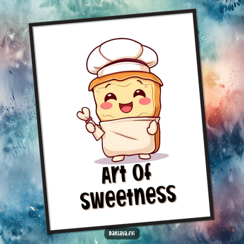Funny baklava chef digital art print of a joyful pastry wearing a chef hat and holding a pastry bag, ready to impress.