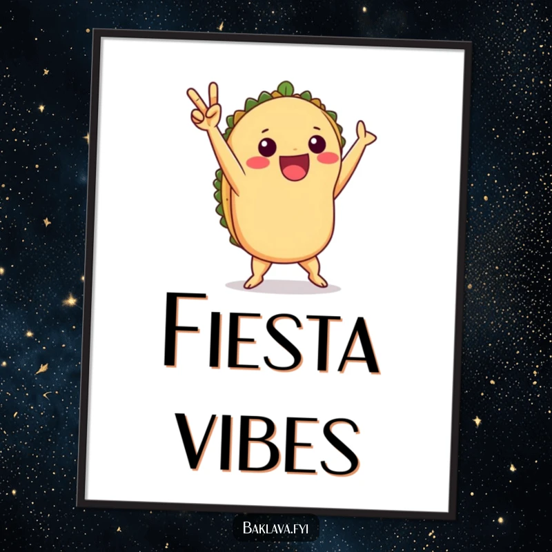 Funny taco victory dance digital art print of a playful taco celebrating, ready to bring fiesta.