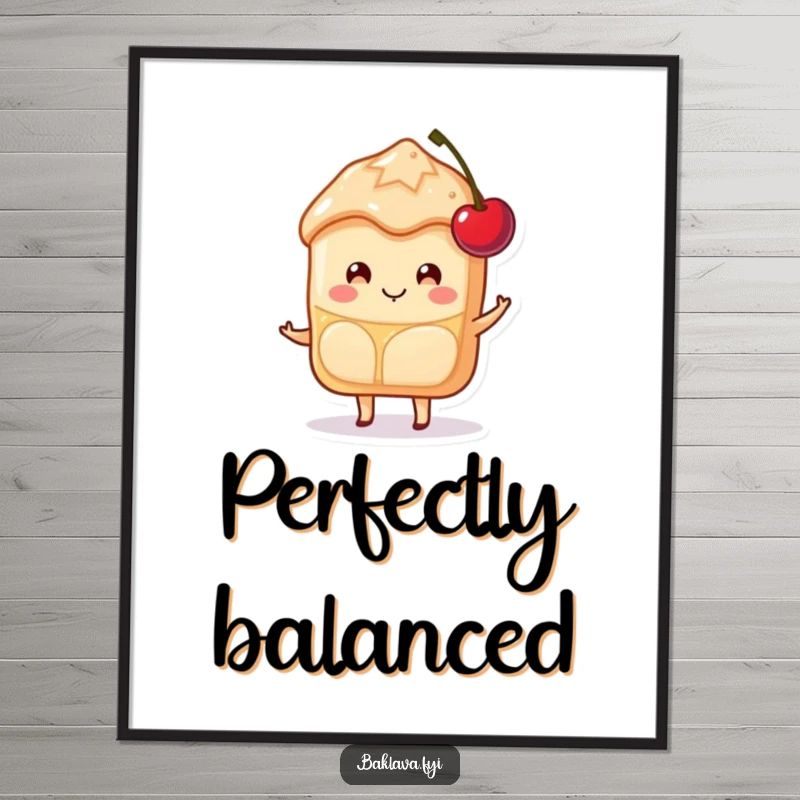 Funny Baklava Digital Art Print of a happy slice character smiling while balancing a cherry, offering sweet humor and joy.