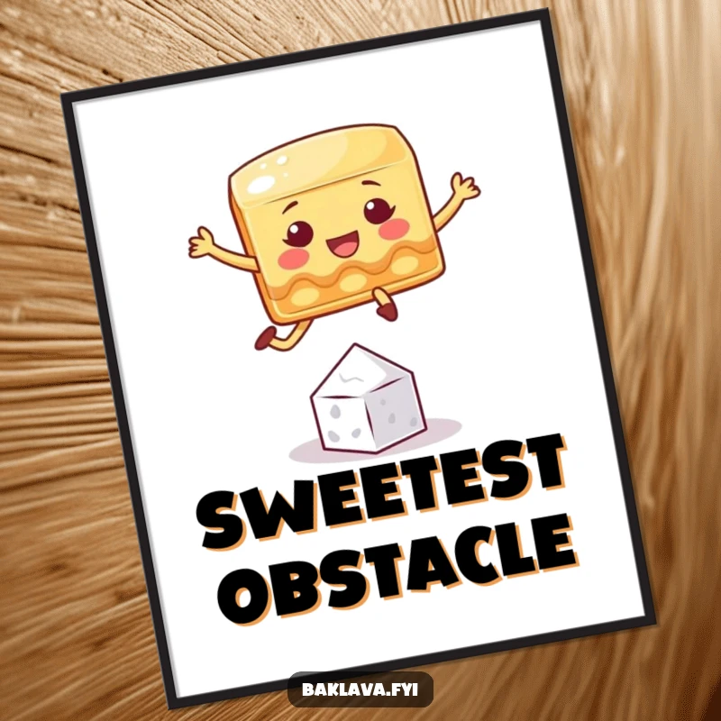Funny baklava digital art print of a playful square character jumping over a sugar crystal, for humorous display.