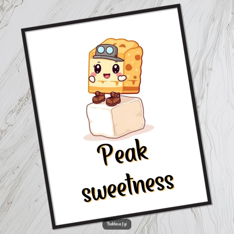 Funny Digital Art Print: A determined baklava slice in boots climbing a sugar cube, a humorous and motivational piece.