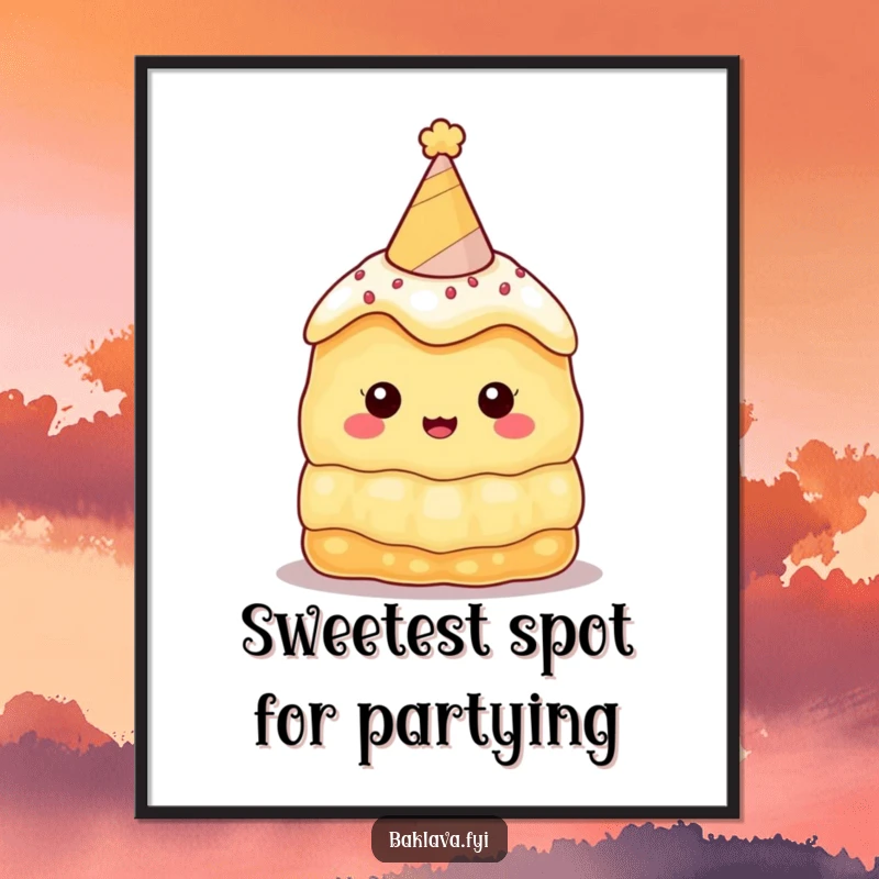 Funny baklava digital art print of a character in a party hat, adding a cheerful and humorous touch to digital decor, perfect for sweet celebrations.