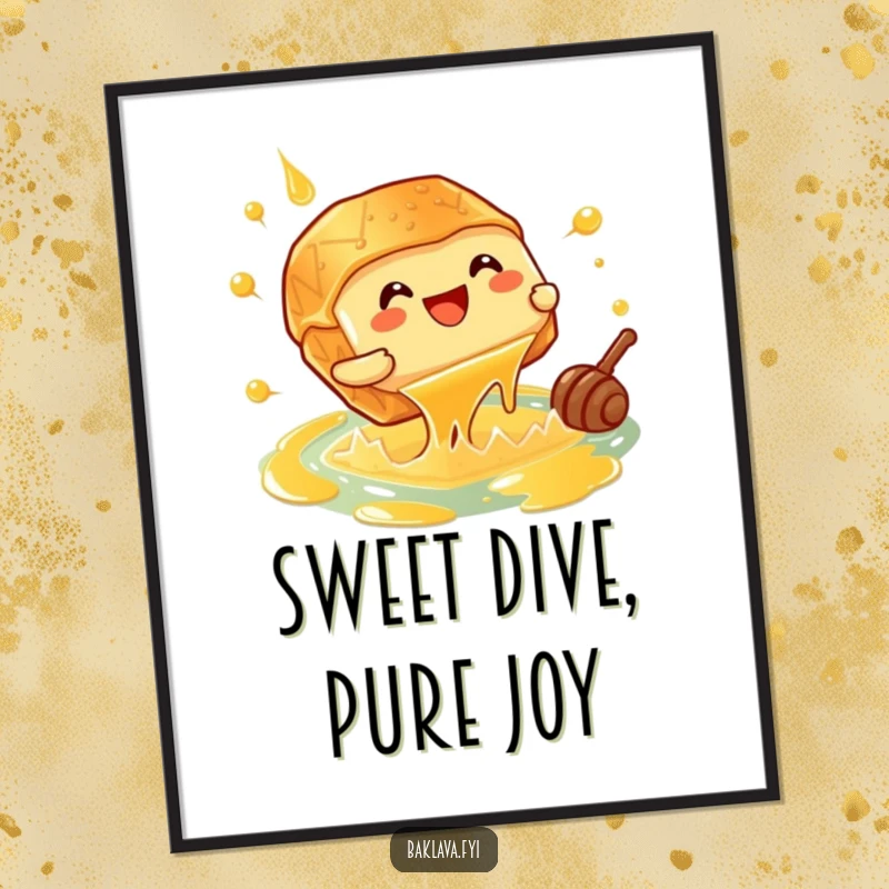 Funny giggling baklava piece doing a cannonball into a honey pool, a digital art print for instant cheer.