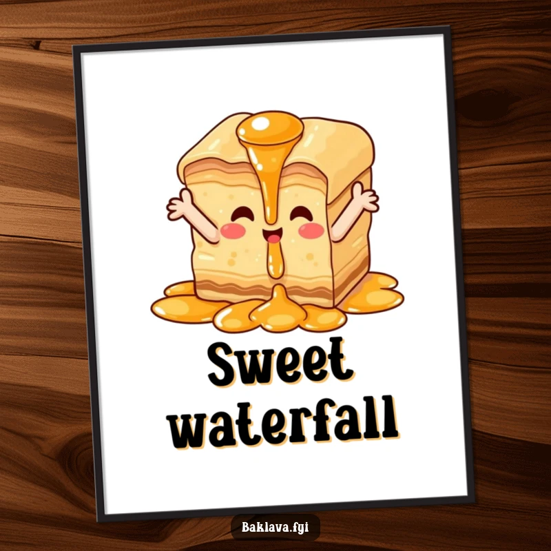 Funny happy baklava digital art print, downloadable art of baklava enjoying syrup cascade, conveying sweet delight.
