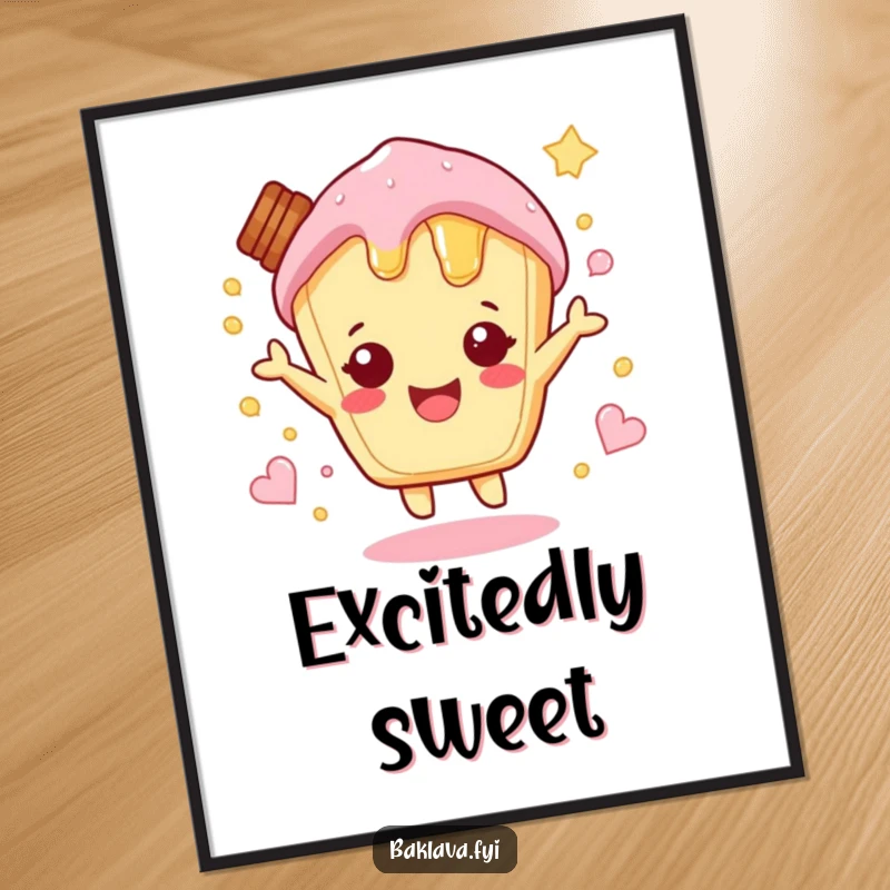Funny honey pastry character hopping energetically with excitement, sweet and delightful digital art print.