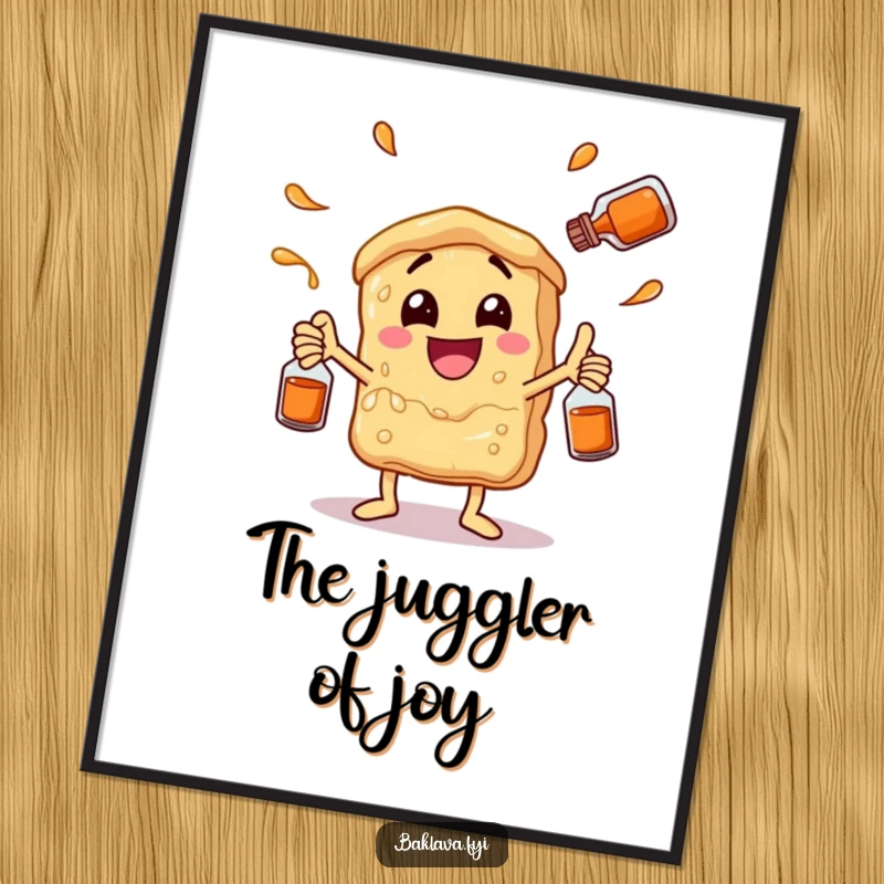 Funny baklava character juggling syrup bottles with glee, presented as a downloadable digital art print. Humorous dessert-themed decor.