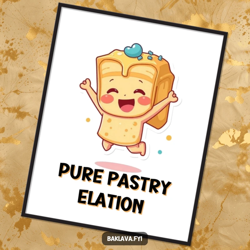 Funny baklava piece leaping with joy, a digital art print ready for download, bringing pure, dessert-themed humor.