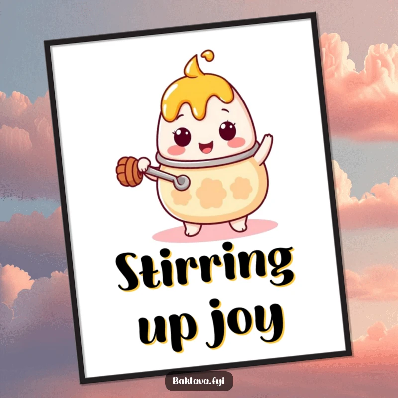 Funny Kawaii honey pot character with a tiny ladle, stirring enthusiastically, as a digital art print, perfect for immediate humorous home decor.