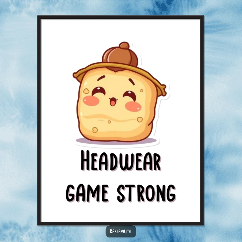 Funny surprised baklava wearing a walnut hat, tilting its head, a digital art print for instant humorous decor.