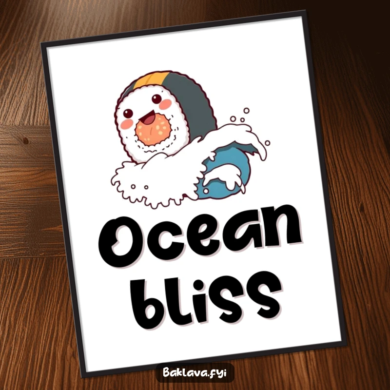 A funny sushi roll character surfing a miniature wave, available as a downloadable and funny digital art print.