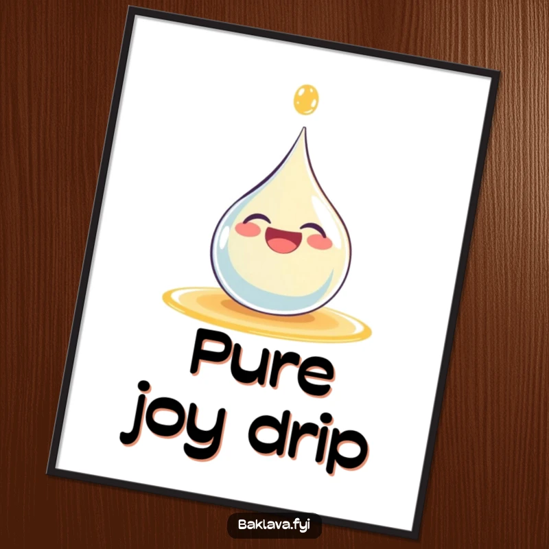 Funny digital art print of a giggling syrup droplet splashing happily, offering instant joyful decoration.